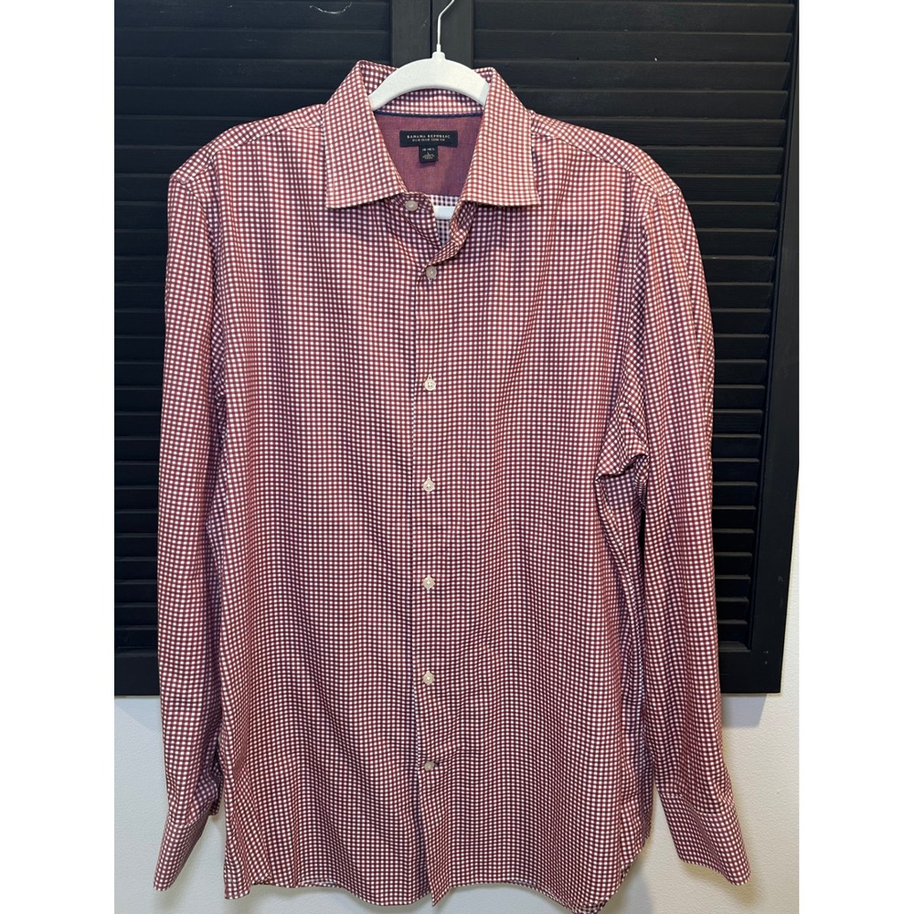 Banana Republic Mens Non-Iron Slim Fit Gingham Dress Shirt Red White L 16-16.5